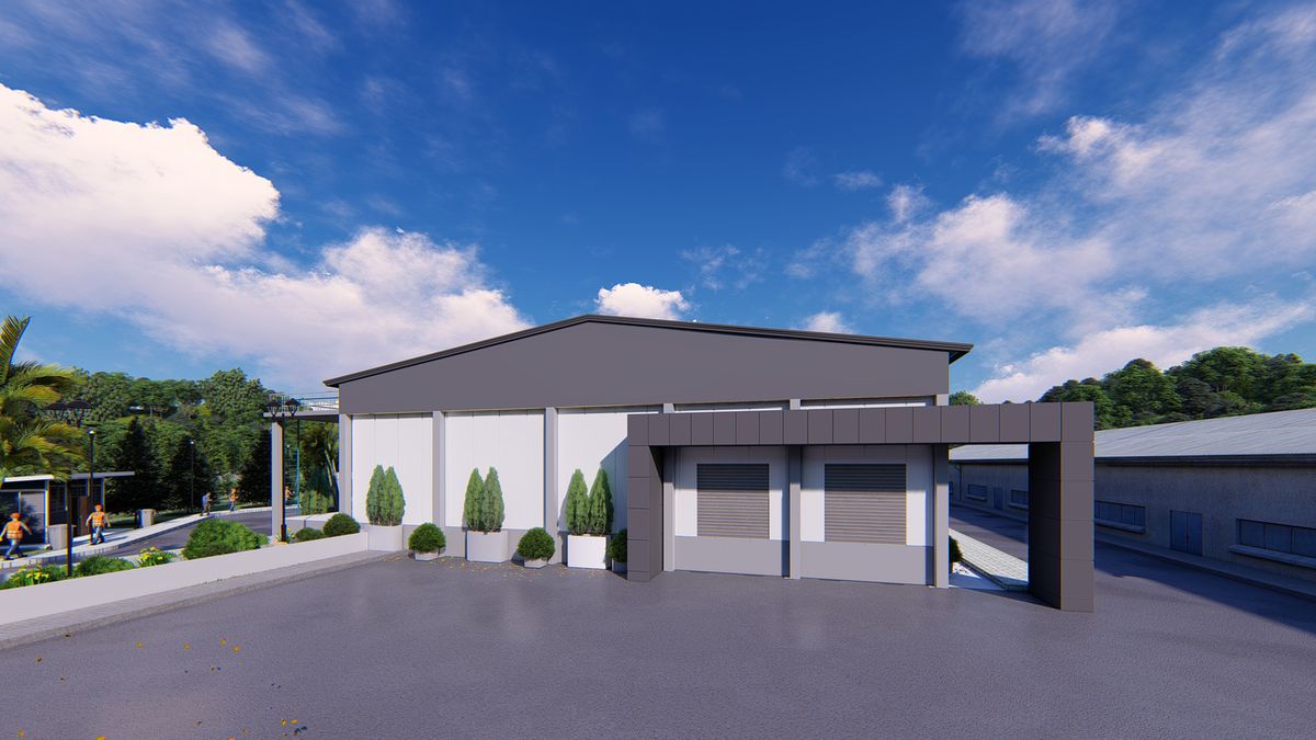Poultry dressing plant with entrance canopy, design render