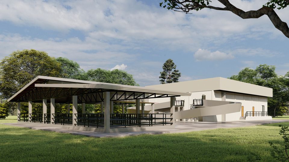 Slaughterhouse building with lairage shed and processing hall